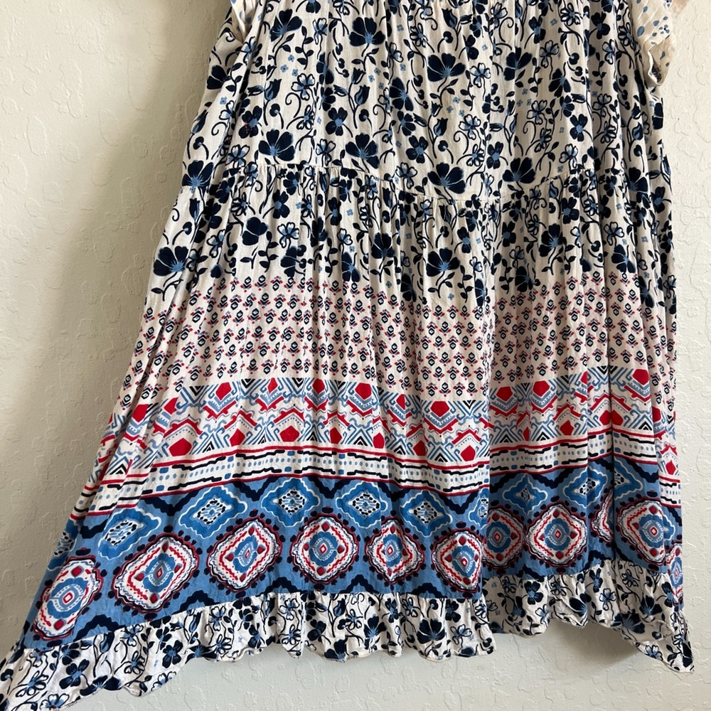 Bila Patchwork Floral Boho Print Short Sleeve Babydoll Mini Dress Large Blue - Picture 3 of 6